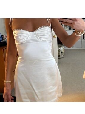 Princess Polly Ivory Satin Slip Dress with Lace Trim